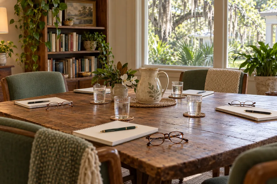 A comfortable table prepared for an informal community learning discussion