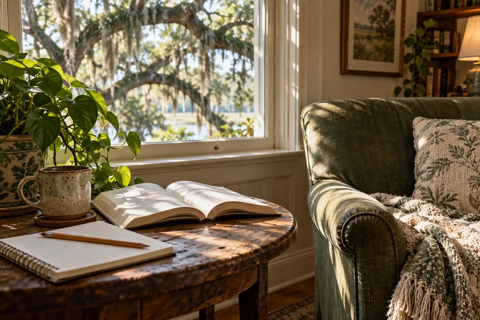 A quiet reading corner with a book and notebook