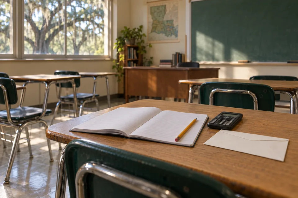 Notebooks and everyday learning materials in a bright classroom