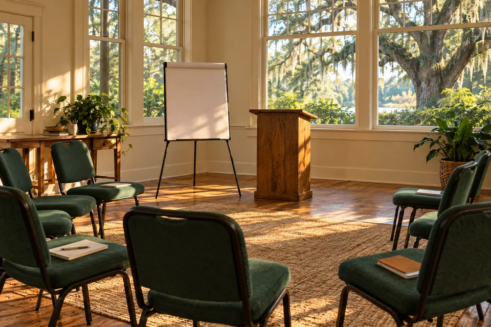 An inviting meeting room arranged for an educational workshop